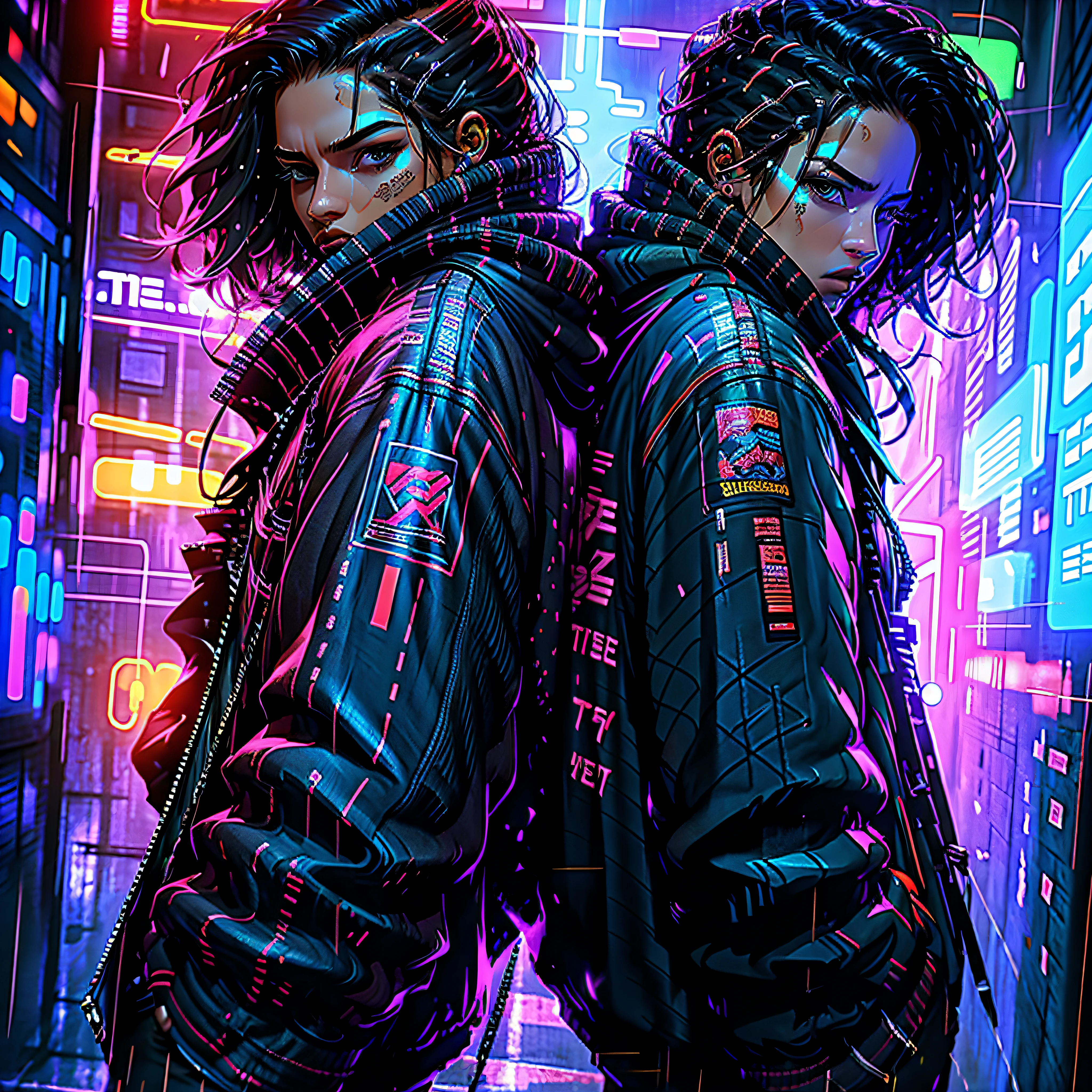 tmasterpiece, CyberpunkAI, neons, Two men in their 20s, Street fashion, ,microphone , new york, Dynamic Pose, k-pop, Hip Hop