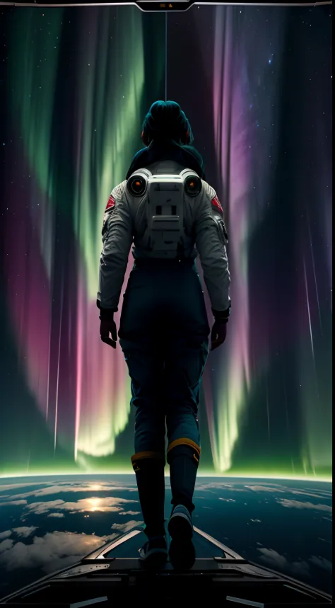 The top half of the screen is Aurora in the top half of the screen、The bottom half draws a female astronaut