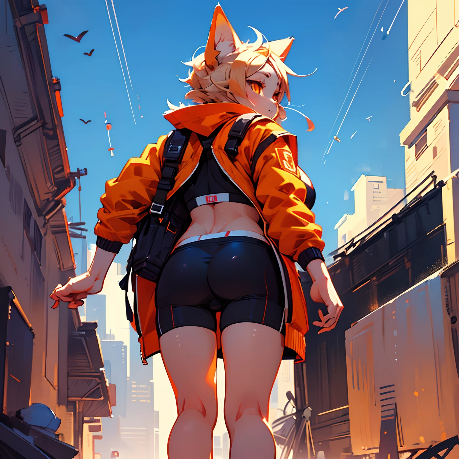 (Masterpiece), Best Quality, expressive eyes, perfect faces, furs, Female Cat Girl, B Cup Breasts, Orange Eyes, Orange Open Jacket, white body, Black sports bra, 4 fingers, 4 toes, While walking backwards, he was shot, Collapsed, back-view