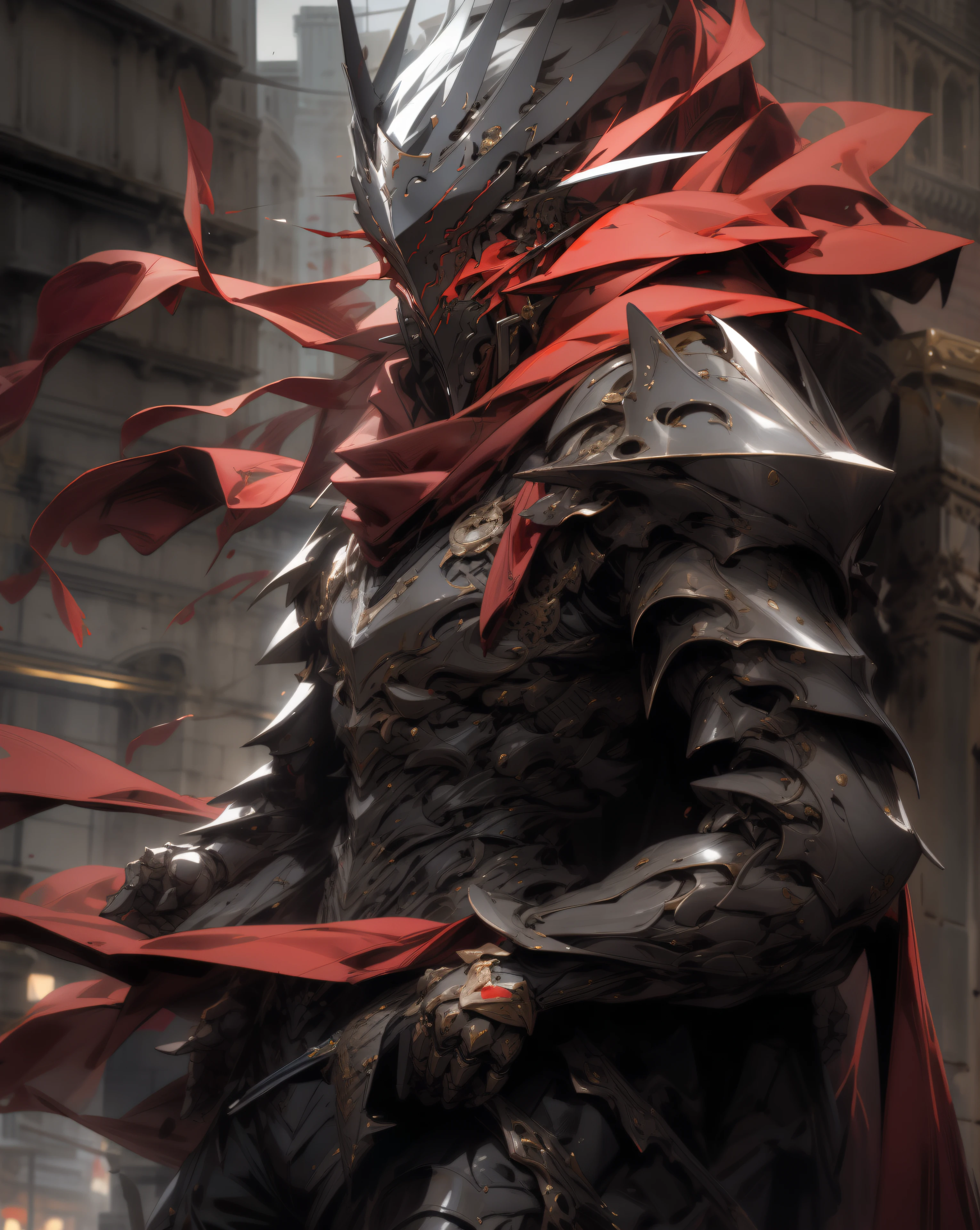 arafed knight with a sword and a red cape in a city, style of raymond swanland, ares with heavy armor and sword, inspired by Raymond Swanland, black and red armor, gothic knight, knight armored in red, blood knight, unreal engine fantasy art, anthropomorphic raven knight, in style of james paick, (solo), (one boy)