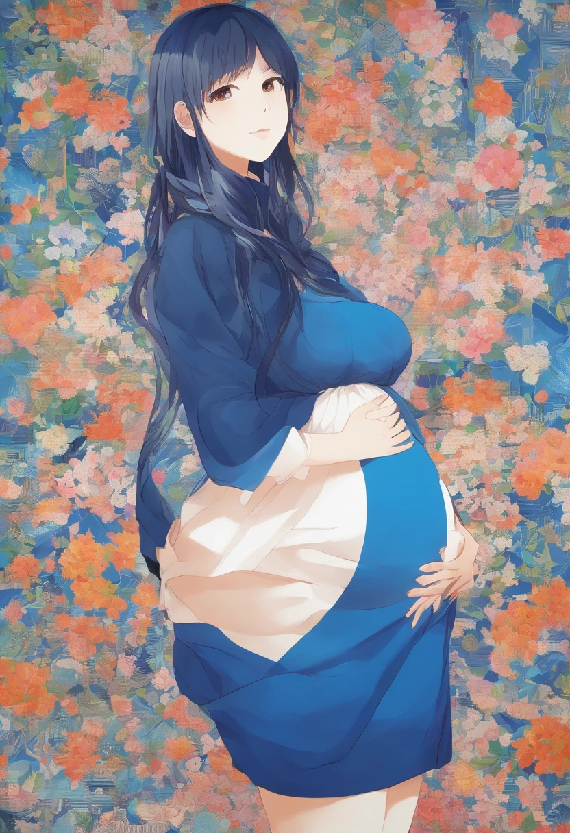 A pregnant woman in a blue dress standing in front of a floral wall -  SeaArt AI