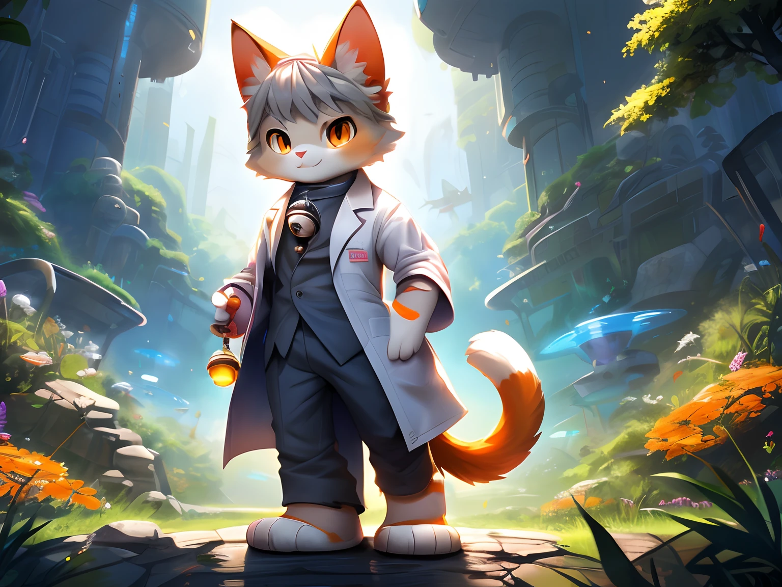 (Best quality,8K wallpaper,Ultra-detailed,),illustration,Nature,critters,Fluffy,cat,Gray hair,Orange eyes,Paws with pink meat pads ,bell,Libido boy,cute big breasts,labcoat,Hold an Erlenmeyer flask,Sci-fi