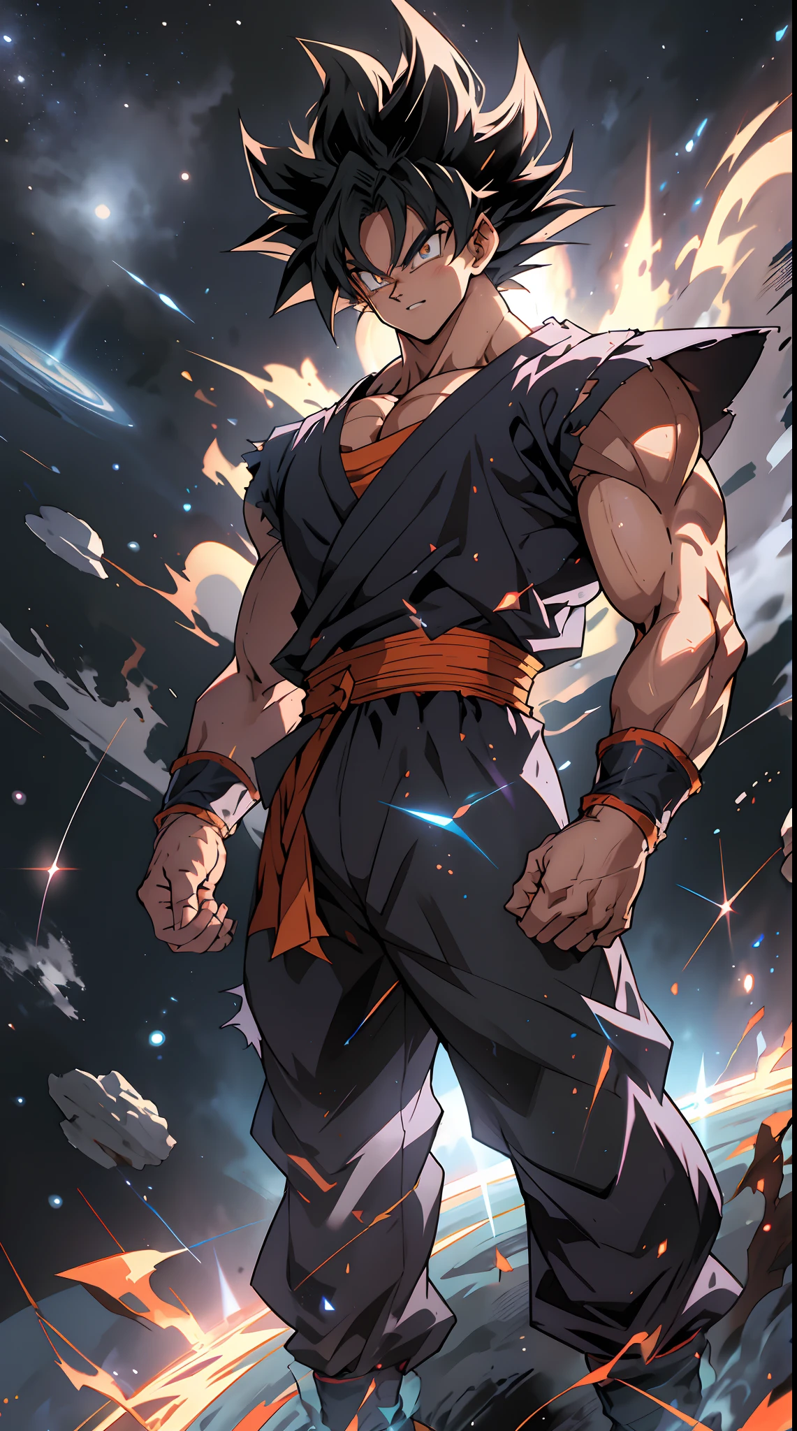 quadratic element,Estilo de arte de anime Shonen,son Goku ,As proporções estão corretas,detalhes do rosto,altamente detalhado eyes,Penteado,Detalhes do pescoço,detalhes de roupas,se preparando para lutar,manga curta,Qualidade do jogo,Rastreamento de luz e sombra,Traçado de raios,brilho detalhado,renderização cg,detalhe do cabelo,bonito,bonito,（sentido juvenil）,Roupas são complicadas, Composição perfeita,refinamento,alta qualidade,detalhes mais altos,Muitos detalhes, cosmose ao fundo, O pano de fundo é complexo, uma sensação de atmosfera, feliz looking, ((anime))((colorida)), 8K, ((Obra de arte)), hdr, altamente detalhado, Vaidoso pipocando, Profissional,Stickstick de nuvem,Goku,Super Saiyajin, arte de corpo inteiro, no espaço, (feliz), (cabelo preto:1.2)