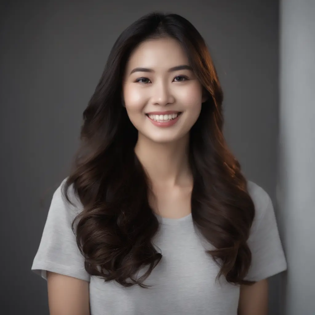 (Photo: 1.3) af (Real: 1.3), East Asian woman, soft light, clear face, front, ((white T-shirt)), cheerful, warm light, ((gray white gradient background)), smile, ( (Single color background)). ((gray wall background)) avatar, (fashion hairstyle), beautiful,...