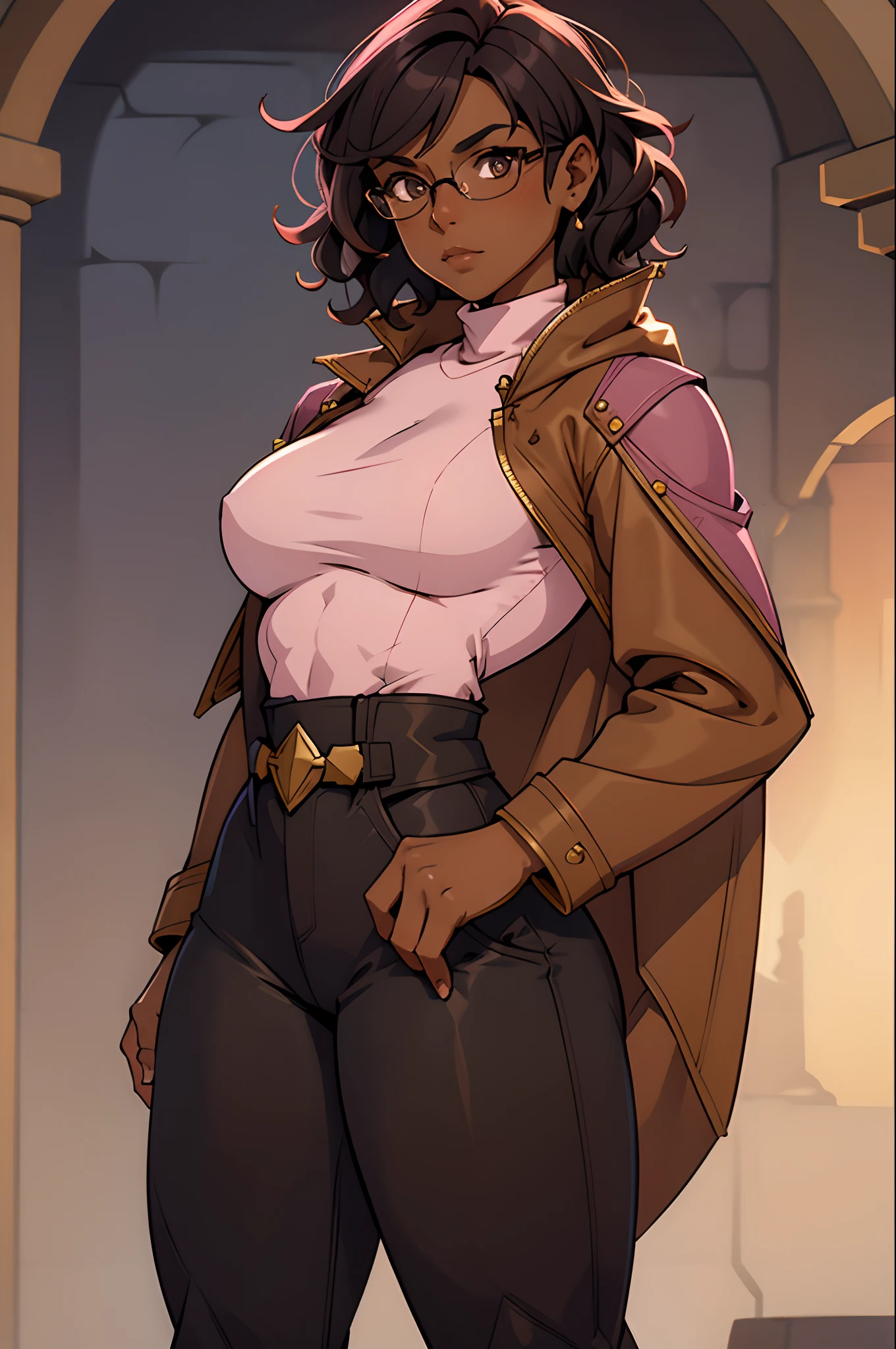 Solo, female, pink turtleneck tunic, cloak, fantasy outfit, fantasy village, short hair, wavy hair, messy hair, ((dark tan skin)), glasses, cleric, cropped jacket, athletic, slightmuscle, slightly muscular, pants