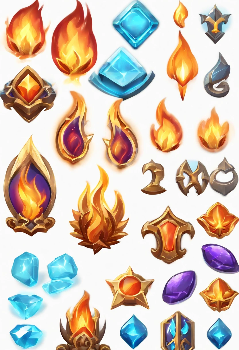 A set of flame icons for the game, game icon asset, fantasy game spell symbol, game icon stylized, gameicon, fantasy game spell icon, flame stones are scattered, holy fire spell art, Fantasy elements, league of legends arcane, Magical elements, fantasy game art style, Magic Flame, blue fire powers