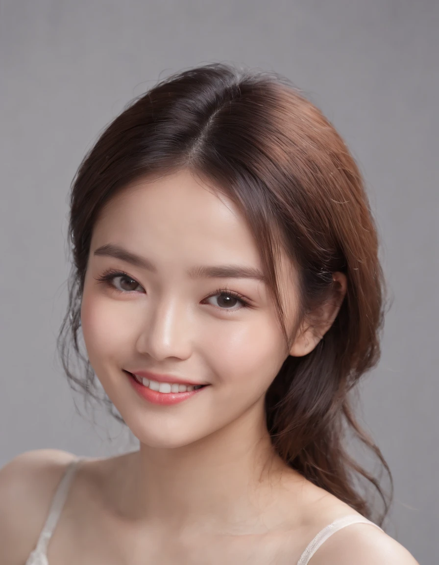 (photo: 1.3) af (realistic: 1.3), East Asian woman, soft light, clear face, happy, cheerful, smiling, warm light, ((gray-white gradient background)), (background)). ((gray wall background))) avatar, (long or short hair), smile, handsome, young,, short hair, smile, ((close-up))