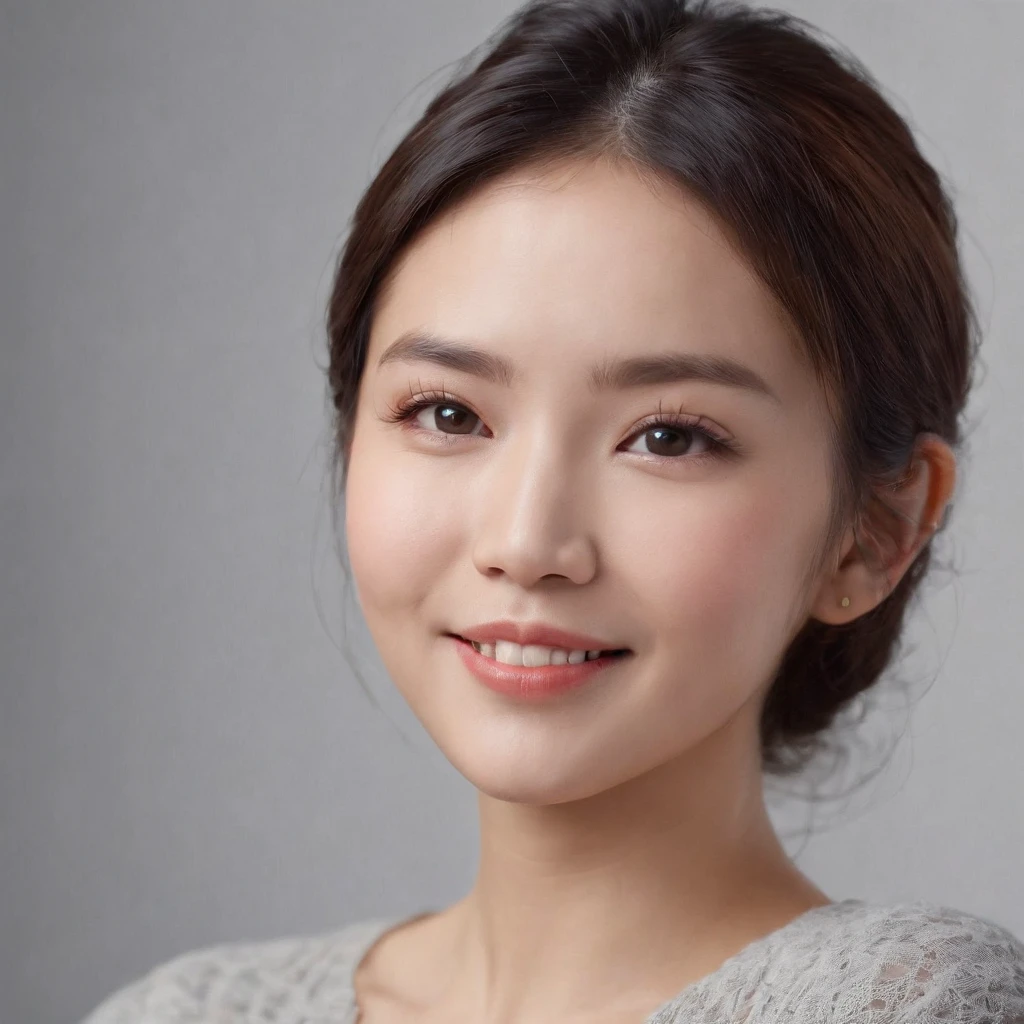 (photo: 1.3) af (realistic: 1.3), East Asian woman, soft light, clear face, happy, cheerful, warm light, ((gray-white gradient background)), (background)). ((gray wall background))) avatar, (long or short hair), smile, handsome, young,short hair,((close-up))