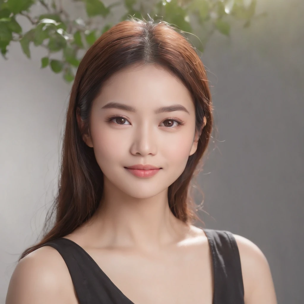 (photo: 1.3) af (realistic: 1.3), East Asian woman, soft light, clear face, happy, cheerful, warm light, ((gray-white gradient background)), (background)). ((gray wall background))) avatar, (long or short hair), handsome, young,short hair,((close-up))