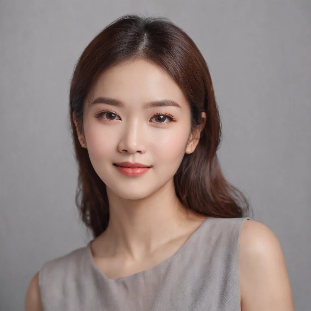 (photo: 1.3) af (realistic: 1.3), East Asian woman, soft light, clear face, happy, cheerful, warm light, ((gray-white gradient background)), (background)). ((gray wall background))) avatar, (long or short hair), handsome, young,short hair,((close-up))