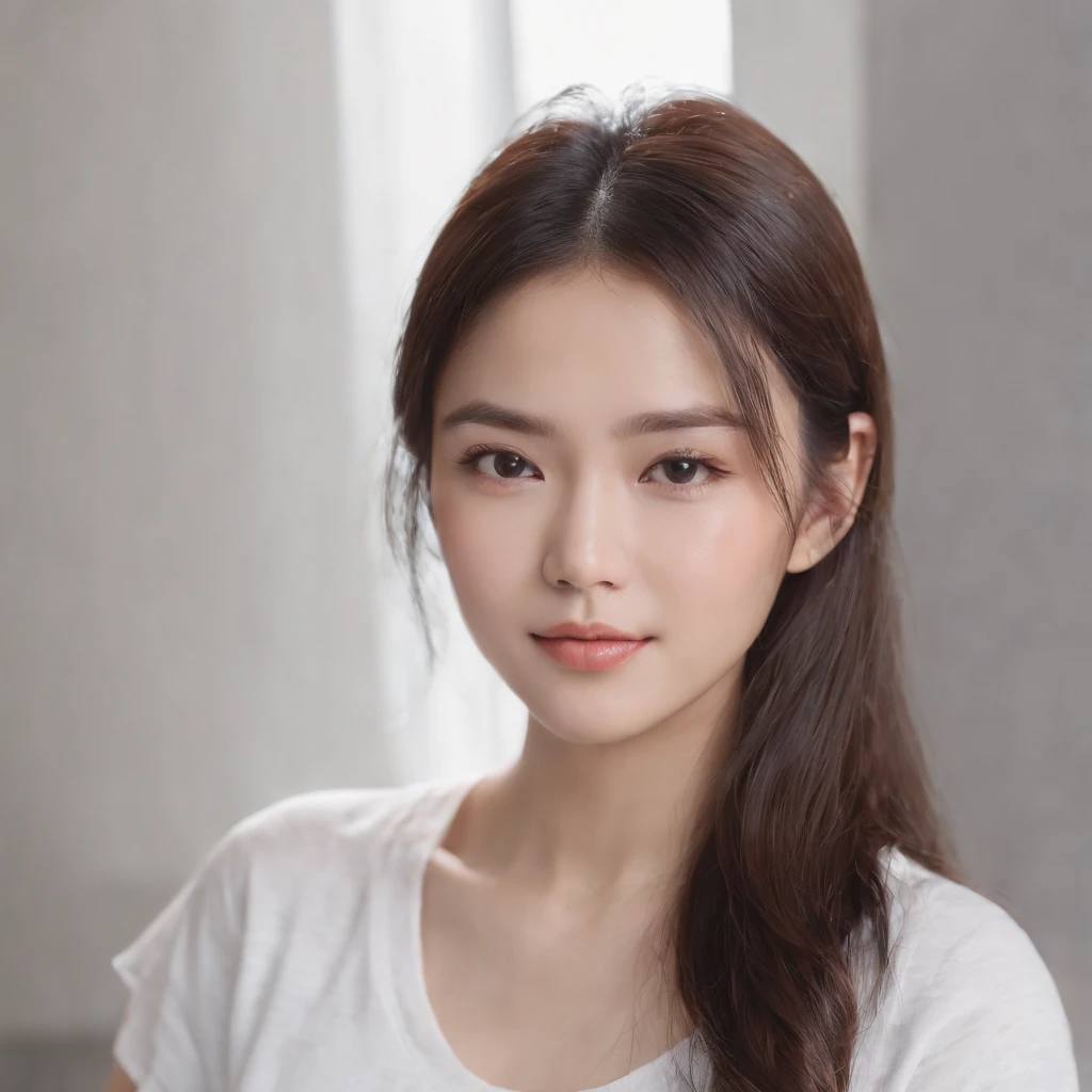 xxmixgirl, (photo: 1.3) af (real: 1.3), East Asian woman, soft light, clear face, front, ((white T-shirt)), cheerful, warm light, ((off-white gradient background)), ( (monochrome background)), ((grey wall background)) avatar, (long hair), beautiful and young, fashionable hairstyle, ((close-up))