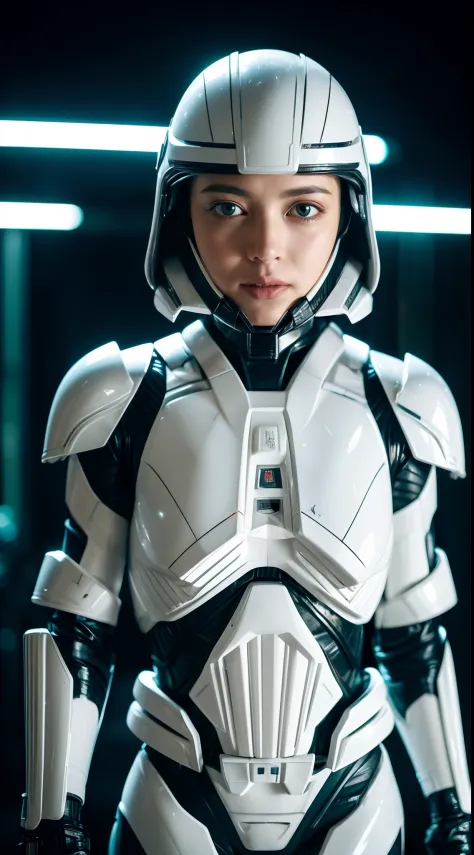 amanda seyfried in star wars white stormtrooper armor, no mask, no helmet, glowing lights, (dynamic pose), (hyper realistic:1.4)...