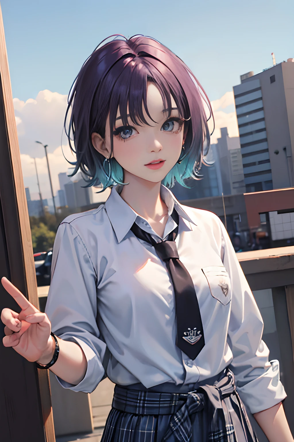 Toru Accra, Toru Asakura, Blue hair, earrings, Gradient Hair, multicolored hair, Parted bangs, Purple hair, Break Cardigan, Cardigan around the waist, clothes around waist, loose necktie, Open collar, Plaid, plaid skirts, Pleated skirt, School uniform, Skirt, sleeves rolled up, wristbands, BREAK looking at viewer, Break indoors, crass room, BREAK (masutepiece:1.2), Best Quality, High resolution, Unity 8k壁纸, (Illustration:0.8), (Beautiful detailed eyes:1.6), extra detailed face, Perfect Lighting, extremely details CG, (Perfect hands, Perfect Anatomy),