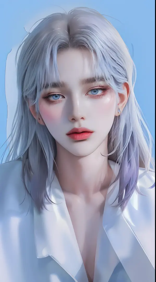 ((4K works))、​masterpiece、（top-quality)、((high-level image quality))、((one beautiful women))、Slim body、((Black Y Shirt Fashion))、(Detailed beautiful eyes)、Fantastic background、((Face similar to Chaewon in Ruseraphim))、((length hair))、((bright silver hair))...