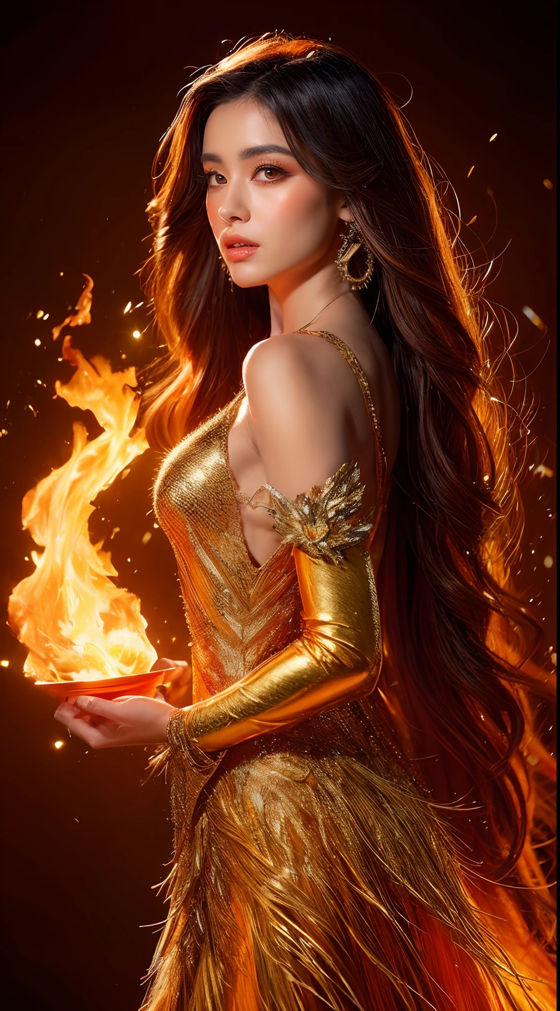 This (realistic fantasy) art contains embers, real flames, real heat, and realistic fire. Generate a masterpiece artwork of a  female fire druid with large (((orange and gold))) eyes. The fire druid is awe-inspiring with beautiful ((realistic fiery eyes)) alight with confidence and power. Her features are elegant and well defined, with ((soft and puffy lips)), elven bone structure, and realistic shading. Her eyes are important and should be the focal point of this artwork, with ((extremely realistic details, macro details, and shimmer.)) She is wearing a billowing and glittering dress made of realistic flames and jewels that glimmer in the fire light. Wisps of fire and smoke line the intricate bodice of the dress. Include bumps, stones, fiery iridescence, glowing embers, silk and satin and leather, an interesting background, and heavy fantasy elements. Camera: Utilize dynamic composition techniques to enhance the realistic flames, blonde long hair