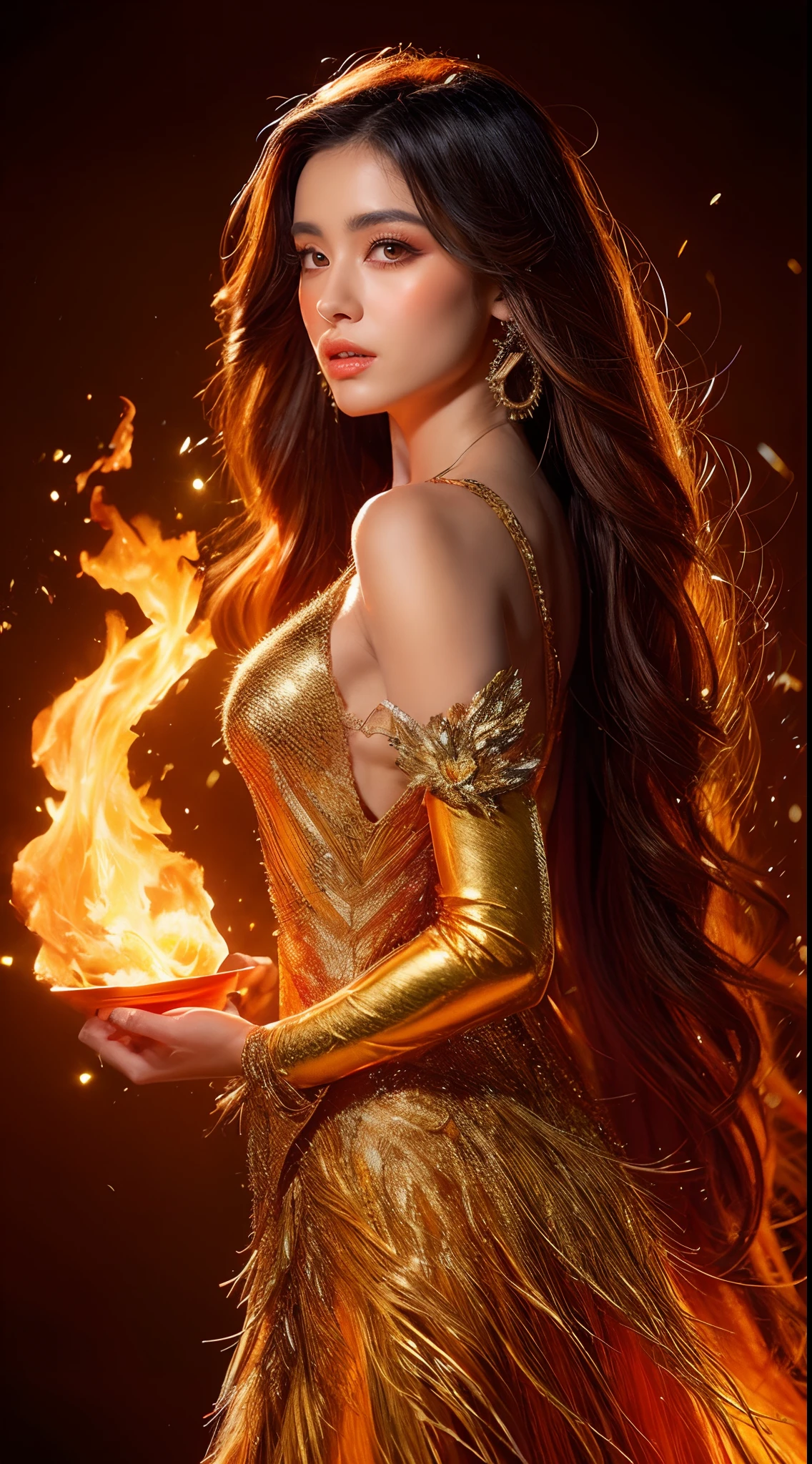 This (realistic fantasy) art contains embers, real flames, real heat, and realistic fire. Generate a masterpiece artwork of a petite female fire druid with large (((orange and gold))) eyes. The fire druid is awe-inspiring with beautiful ((realistic fiery eyes)) alight with confidence and power. Her features are elegant and well defined, with ((soft and puffy lips)), elven bone structure, and realistic shading. Her eyes are important and should be the focal point of this artwork, with ((extremely realistic details, macro details, and shimmer.)) She is wearing a billowing and glittering dress made of realistic flames and jewels that glimmer in the fire light. Wisps of fire and smoke line the intricate bodice of the dress. Include bumps, stones, fiery iridescence, glowing embers, silk and satin and leather, an interesting background, and heavy fantasy elements. Camera: Utilize dynamic composition techniques to enhance the realistic flames, blonde long hair