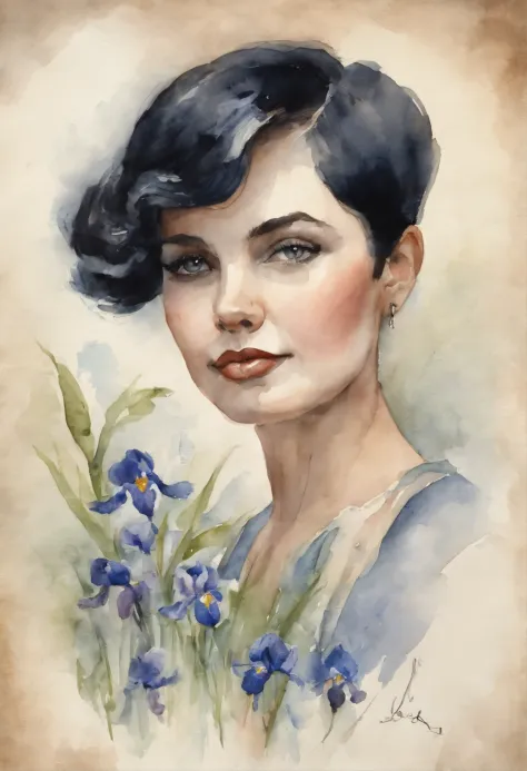 Young girl with short black hair and blue iris, Stacia Burlington style, watercolor, soft color, Serene face, close-up, Vintage images