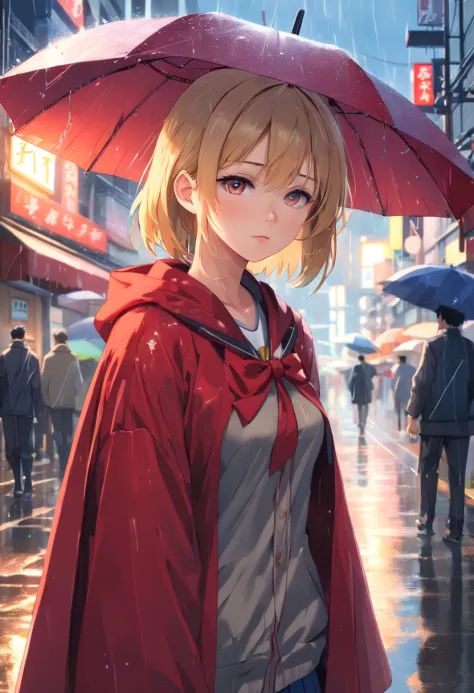 (Highly detailed CG Unity 16k wallpaper:1.1), (Denoising strength: 1.45), (tmasterpiece:1.37), （Kowloon Walled City）, (((Extremely detailed))), ((Ultra-detailed)), flowing, utility pole, Solo, ((Cat's ears、Put on a red cloak:1.3))、((Uniforms are printed wi...