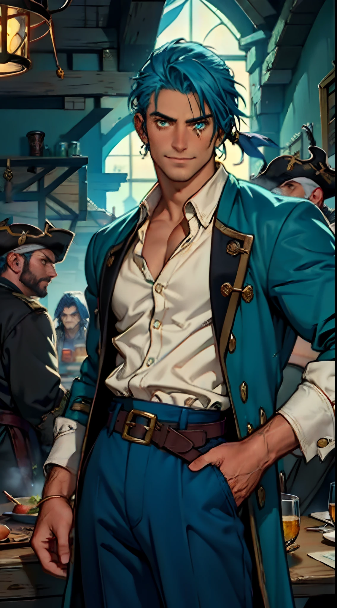 Un homme aux cheveux courts bleu aqua, porter un foulard, un regard intrépide, Un sourire ludique, Une attitude confiante, il a des traits du visage distincts, il porte une tenue de pirate fantastique en deux pièces, porte une chemise noire moulante en dessous, un manteau ample bleu ciel dessus, une ceinture avec emblème de visage fantomatique, pantalon ample en tissu, se trouve dans une taverne médiévale fantastique et animée, ce personnage incarne un pirate de style fantastique finement conçu dans le style anime, caractérisé par un style artistique d&#39;illustration manga exquis et mature, Haute définition, Meilleure qualité, haute résolution, ultra-détaillé, Peinture ultra fine, extrêmement délicat, professionnel, Anatomiquement correct, visage symétrique, yeux et visage extrêmement détaillés, yeux de haute qualité, la créativité, photo brute, UHD, 8k, Lumière naturelle, Éclairage cinématographique, chef-d&#39;œuvre:1.5