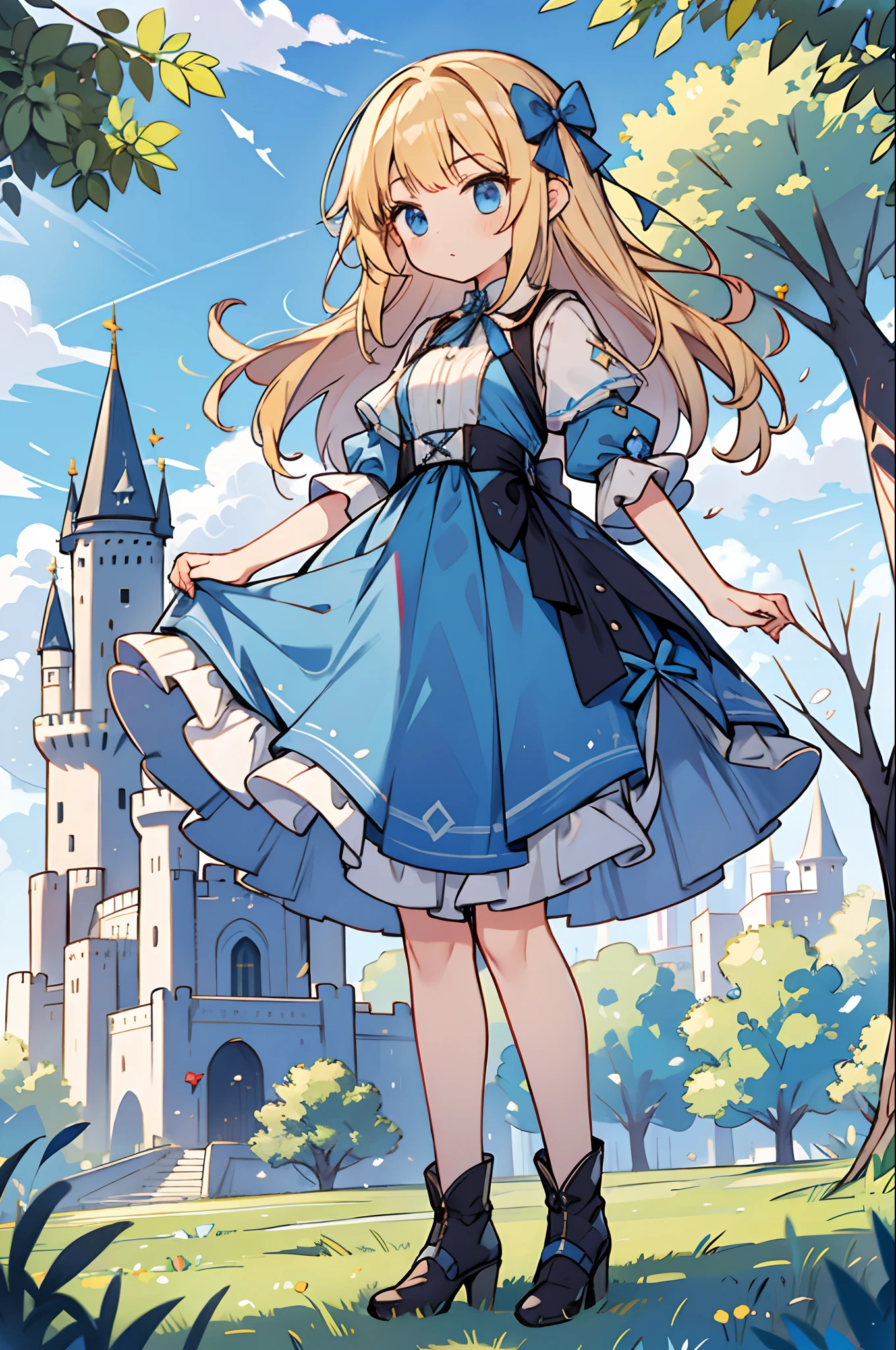 masterpiece, best quality, princess, blue dress, blue eyes, blonde hair, standing, (castle:1.1), holding skirt, clouds, trees