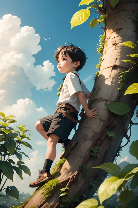 Child Boy Boy Climbing Climbing A Beanstalk Plant Giant Bush High Up To The Sky With Clouds Many Clouds