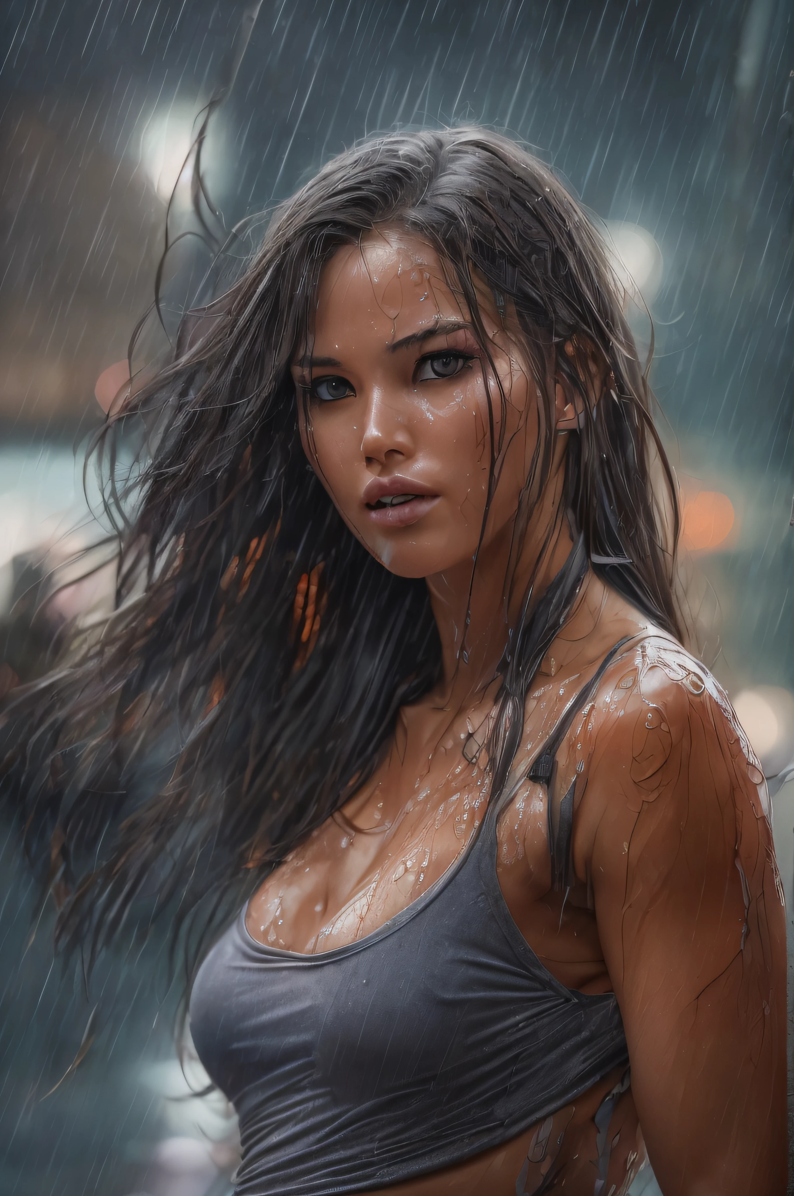 ((melhor qualidade, 8K, Obra de arte: 1.3)), foco nitído: 1.2, Uma linda Katrina Law nua com corpo perfeito: 1.4, Abdômen magro: 1.2, ((Corte de cabelo longo laranja em camadas, Seios colossais: 1.2)), (sem roupas) (mamilo duro pequeno e bonito) (Botão fino e úmido até o comprimento da camisa: 1.1), (chuva, rua: 1.2), corpo molhado: 1.1, Textura altamente detalhada do rosto e da pele, olhos detalhados, Pálpebra dupla, bronzeadoned skin, Sensual, bronzeado, pele escura, bronzeadoned body, ombros expostos, Decote, Lente telefoto de 800 mm