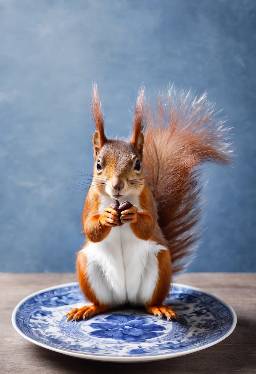 Hay una ardilla sentada en un plato con una nuez en la boca - SeaArt AI