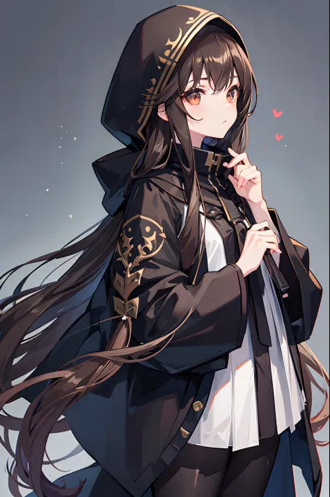 Anime, girl, teenage girl, long hair, dark brown hair, white eyes. Wearing a black cloak. Wearing a black hood. Mysterious.