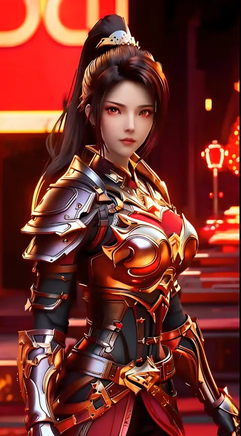 sywzwangyuanyuan,1girl, armor,cityscape, night, looking at viewer, mature female, red eyes,high ponytail, hair ornament, red shi...