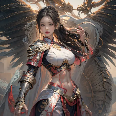 photorealistic portrait, high-res, Soft light,1woman, bara, Full-body image, Slender Figure, Hip up, gleaming skin, Overflowing big breasts, Reveal the breasts., (higly detailed face), chinese armor