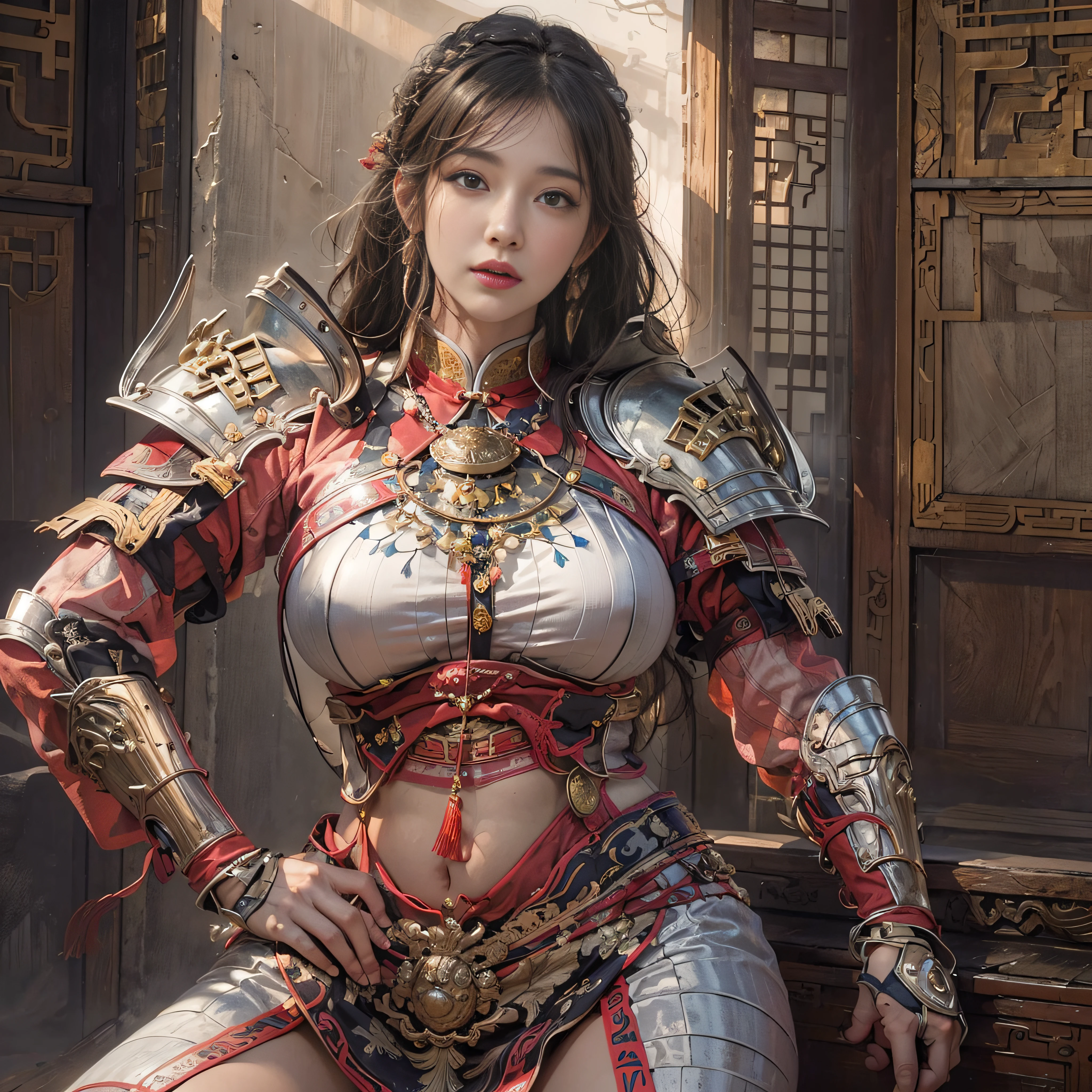 photorealistic portrait, high-res, Soft light,1woman, bara, The picture sees the thighs., Slender Figure, Hip up, gleaming skin, Overflowing big breasts, Reveal the breasts.., (higly detailed face), Beautiful Chinese Armor