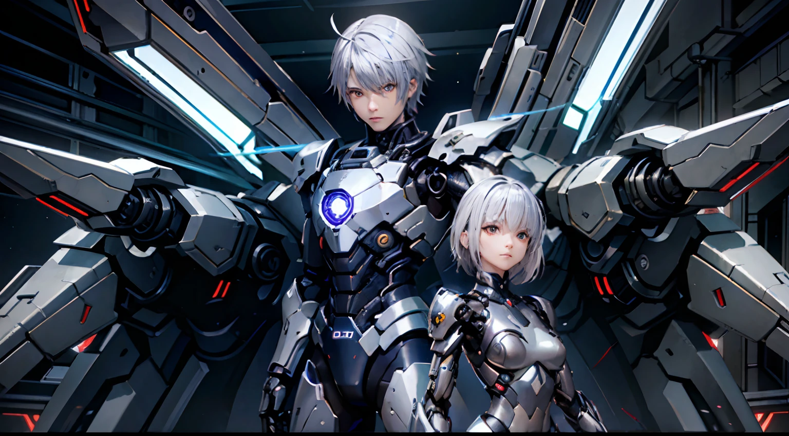 Fantasy、Silver hair color、Super short hairstyles、cyberpunked、(Double Sword、Scorpion Cyborg Woman、Das Veilchen:1.1)、1 woman、Mechanical technology、Robot Presence、Ninja-like fighting stance、Cybernetic Guardian、