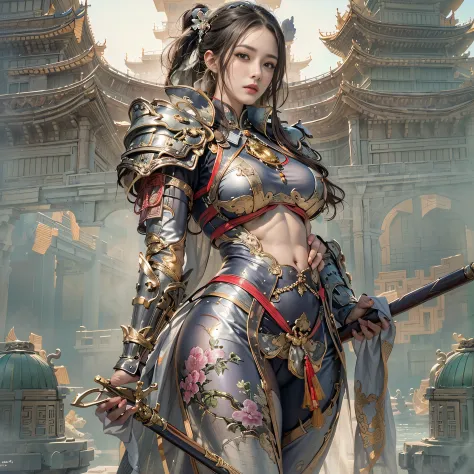 photorealistic portrait, high-res, Soft light, 1woman, bara, The picture sees the thighs.., Slender Figure, Hip up, gleaming skin, Overflowing big breasts, Reveal the breasts..., (higly detailed face), Beautiful Chinese Armor