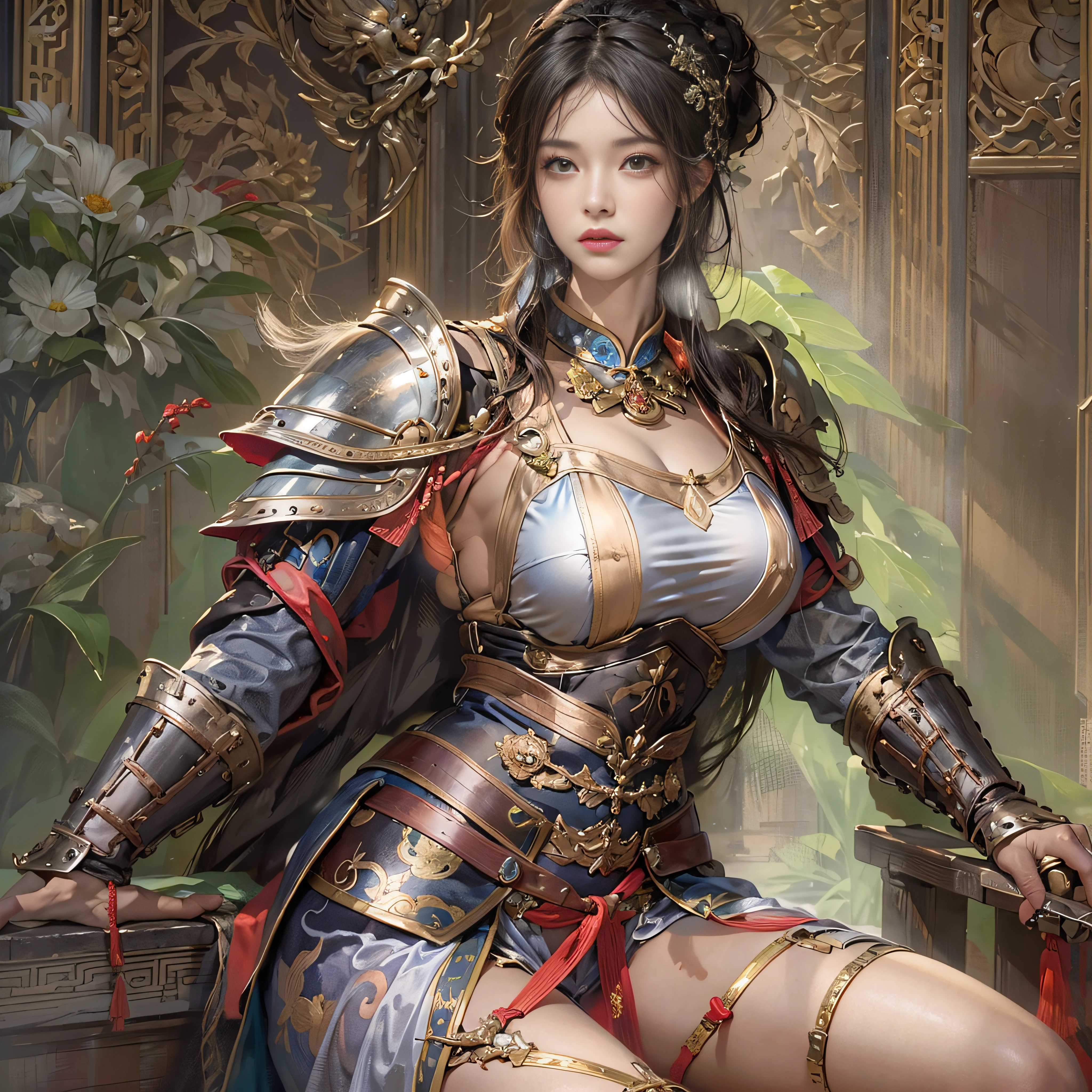 photorealistic portrait, high-res, Soft light, 1woman, bara, The picture sees the thighs...., Slender Figure, Hip up, gleaming skin, Overflowing big breasts, Reveal the breasts....., (higly detailed face), Beautiful Chinese Armor