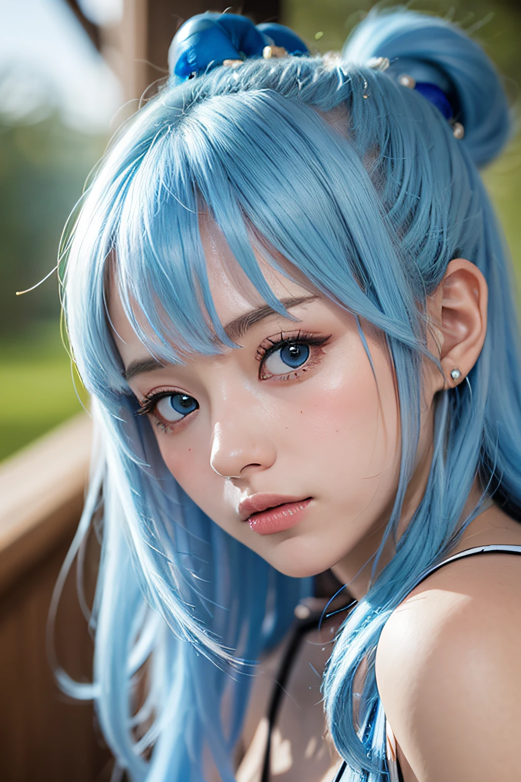 4K、finedetail、超A high resolution、Detail Face、Delicat eyes、Gradient Eyes、gradation hair、light tracing、realskin、Beautiful skin、((​masterpiece、top-quality))、(1girl in)、aqua\(Konosuba\)、blue eyess、blue hairs、white thighhig、red blush、middlebreasts、Gymnastics、hair adornments、hair rings、length hair、Konosbalashii Sekainiszkufukuwo!, sports ground