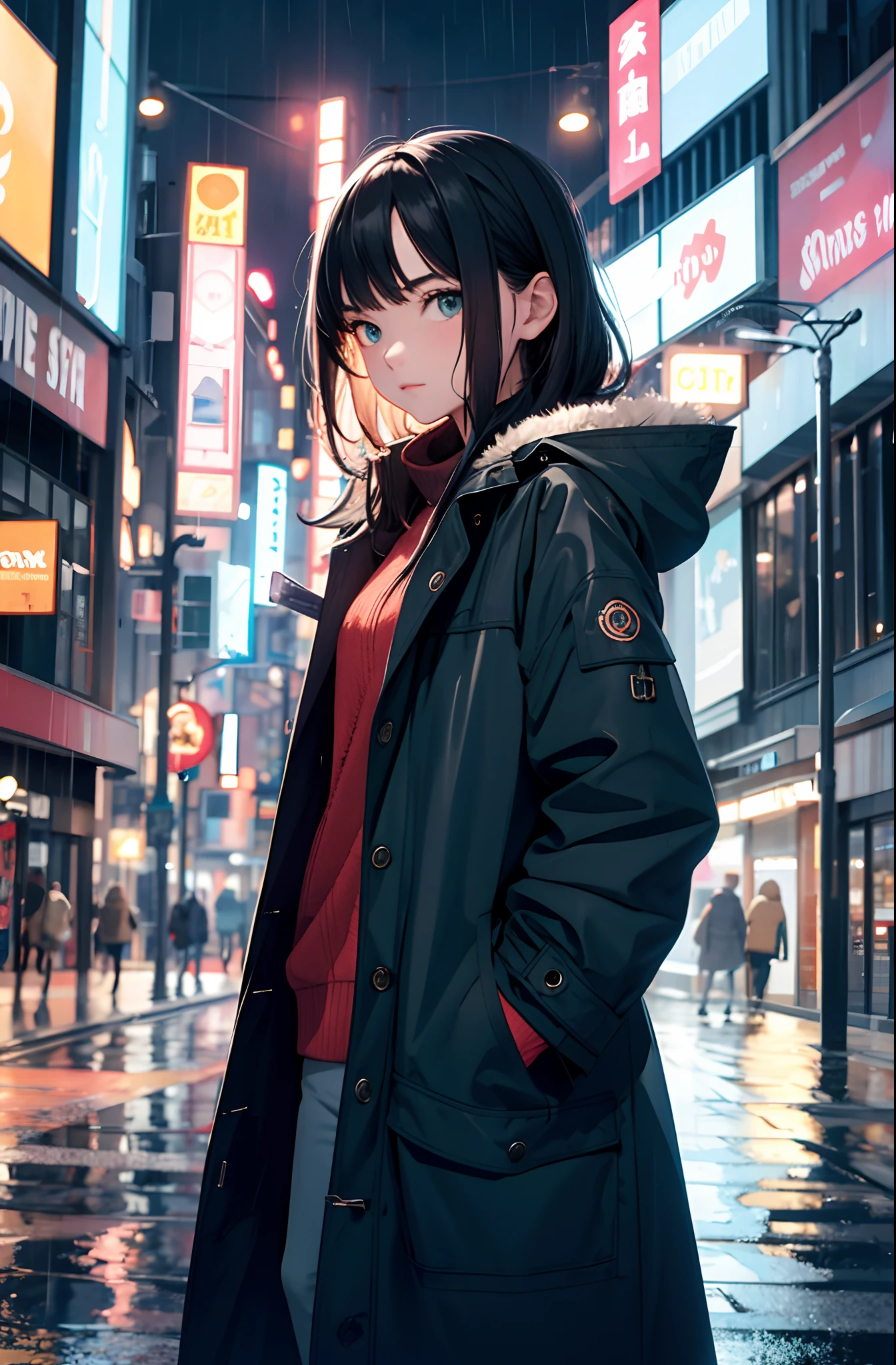 1girl, Night City, rain, coat, hands in pockets