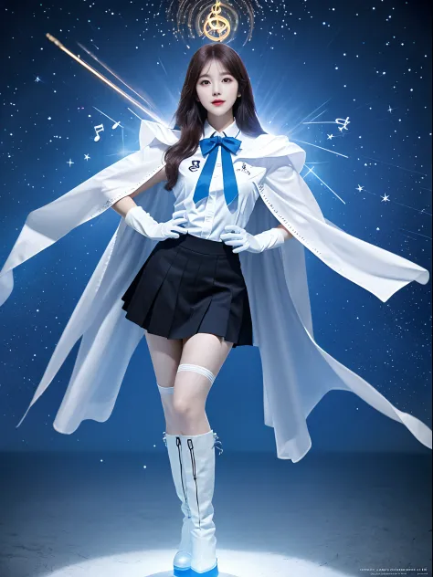 High-end CG Korean girl Irene sparkle special effects transformed into a uniform，Dressed in delicate musical symbols，White cape blue gloves boots+Wand Music Girl，The whole body emits a mysterious light，Superhuman strength，，soio，Realistic superpower special...