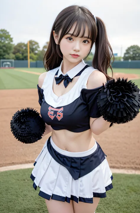 A girl in a cheerleader costume、Pom-poms and pose at the baseball field, Ilya Kuvshinov. 4 k, Clean details, ilya kuvshinov style, smooth, realisitic, ・Kuvshinov, by ilya kuvshinov, digital anime illustration, a baby face, 17 age, 8K