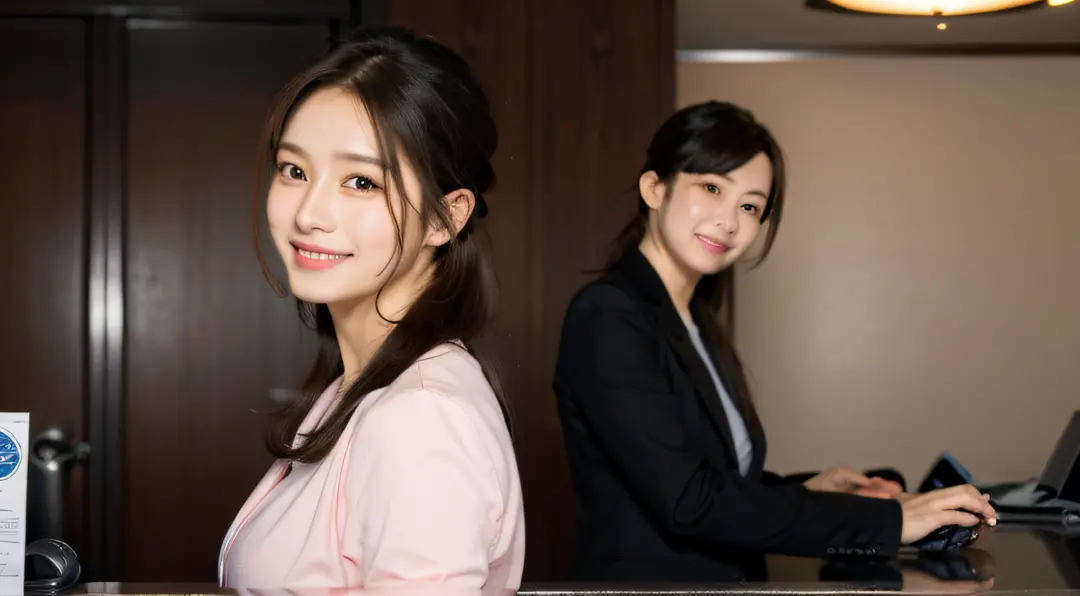 hotel reception、face forcus、female front desk staff,black jacket、pink button-down shirt、a picture、a detailed face、detailed lips、...