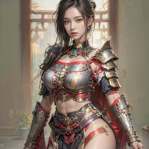 photorealistic portrait, high-res, Soft light,1woman, bara, full body image, Slender Figure, Beautiful hips, gleaming skin, Overflowing big breasts, Reveal the breasts.., (higly detailed face), chinese armor