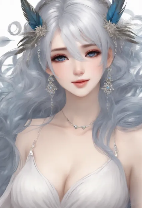 silver hair, longeyelashes, forehead mark, prengant, largeeyes, feather hair ornament, blue hairband, light smile, Touching the belly, potbelly, pregnant women with, textured skin, high details