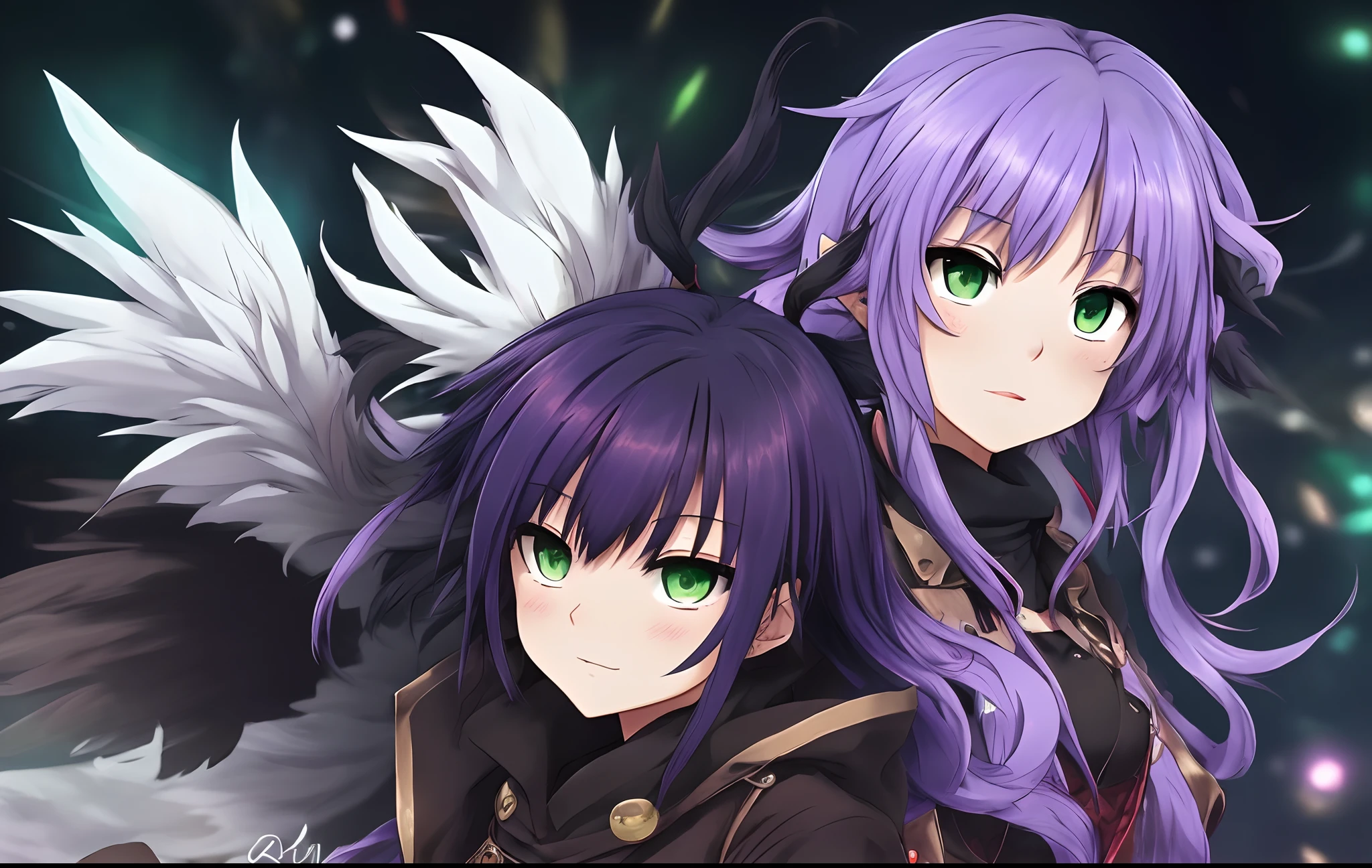 Dos chicas anime con cabello largo morado y alas blancas - SeaArt AI