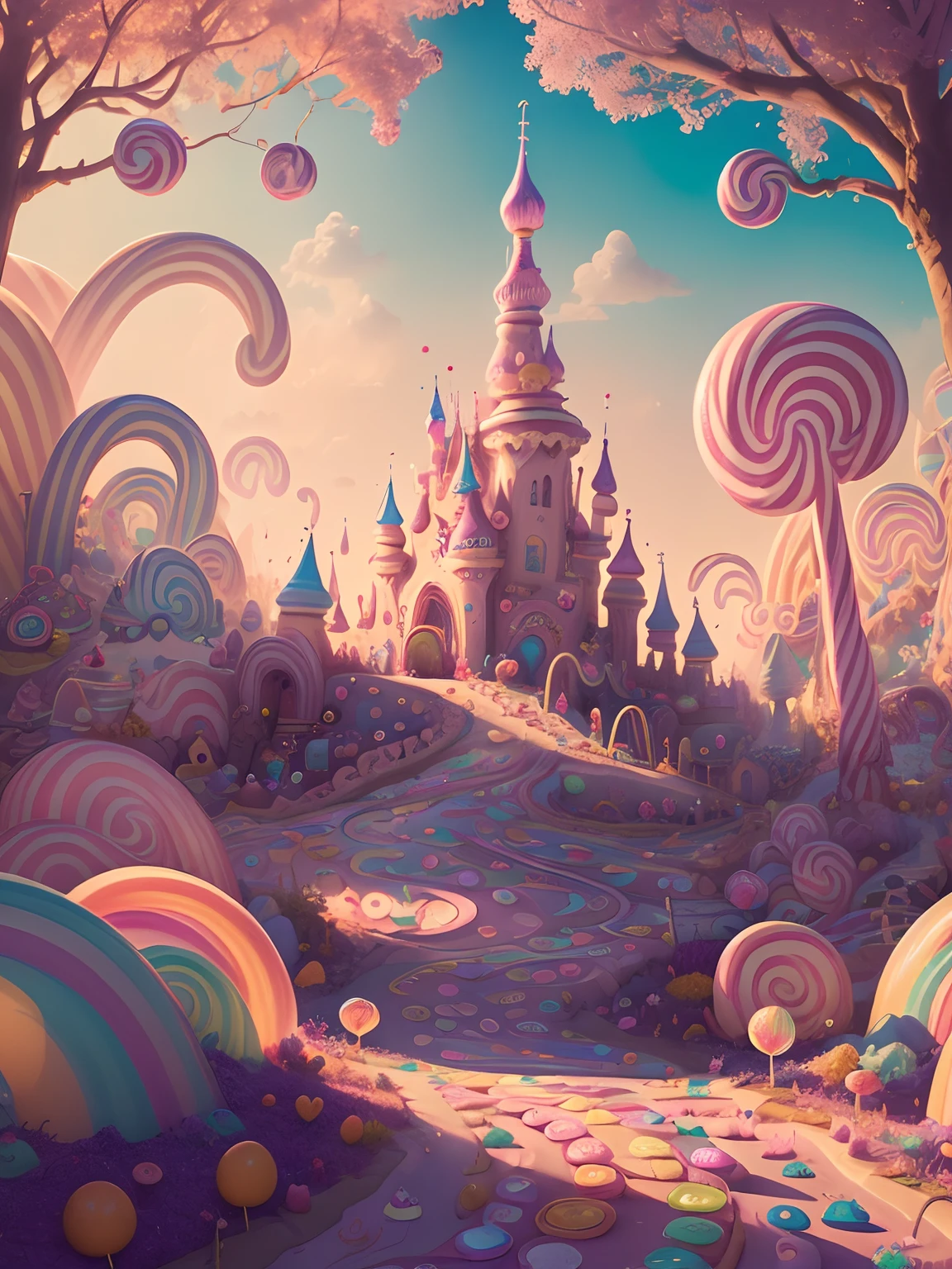 (Masterpiece, best quality:1.3), an (enchanted:1.3) (magical:1.3) (castle), full background, (candyland:1.5), ice cream, no humans, fantasy, rainbow, balloon, sharp focus, colorful, (shiny:1.2), natural lighting, cake, candy, atmosphere, (bloom:0.4), pastel colors,