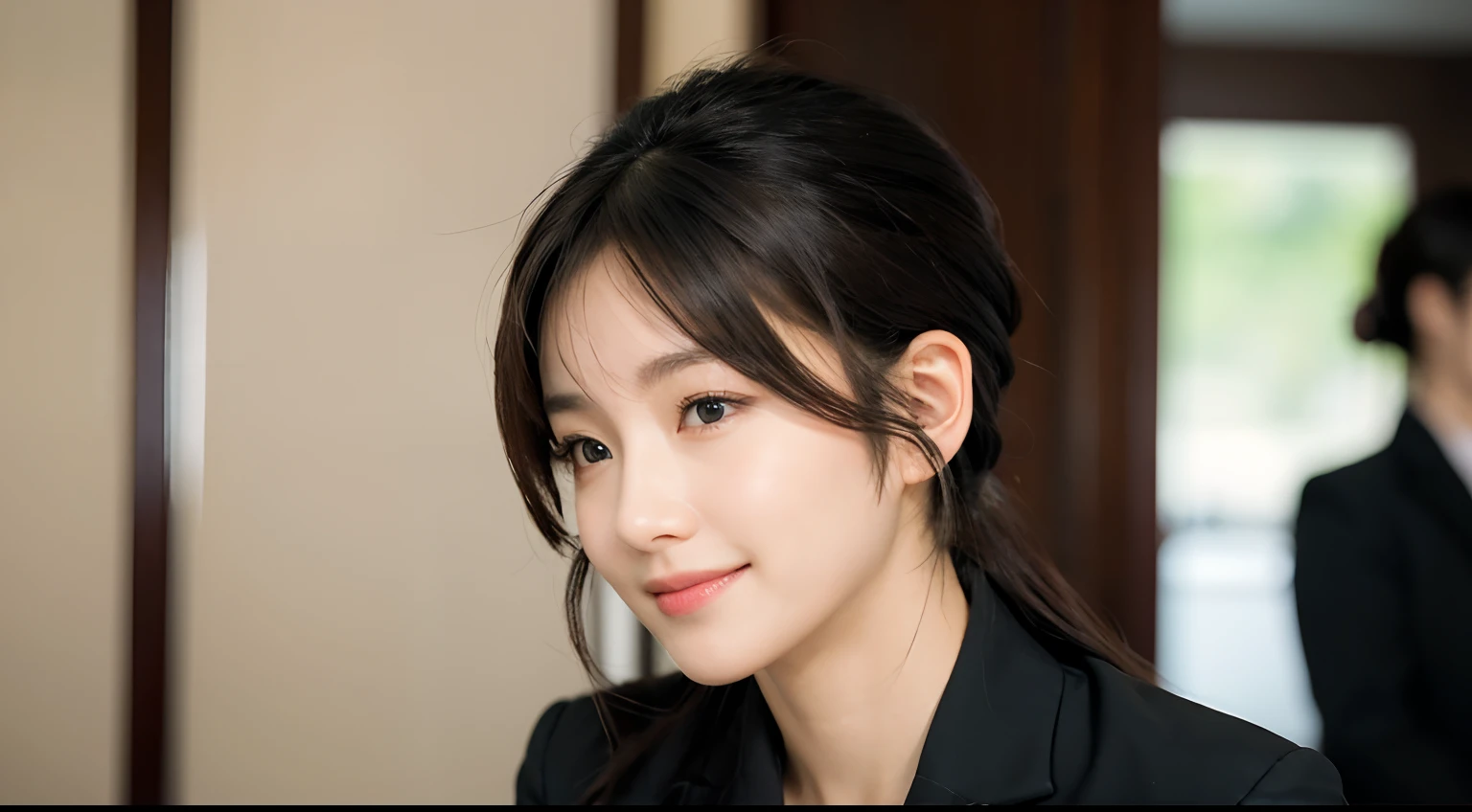 Hotel reception、face forcus、Female front desk staff,Black jacket、Pink button-down shirt、A picture、Delicate side face、Close-up of the ears、Detailed lips、A detailed eye、A smile