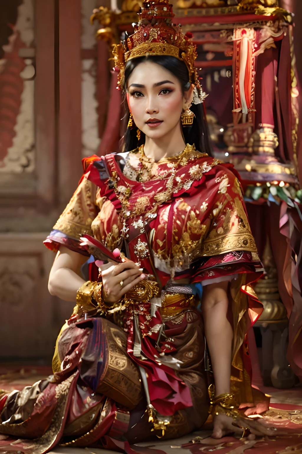 a woman in a red dress and gold crown sitting on a floor, sukhothai costume, traditional beauty, wearing ornate clothing, wearing an ornate outfit, a beautiful fantasy empress, traditional clothes, in style of thawan duchanee, wearing ornate silk clothes, thailand art, traditional dress, traditional clothing, imperial royal elegant clothing, dilraba dilmurat