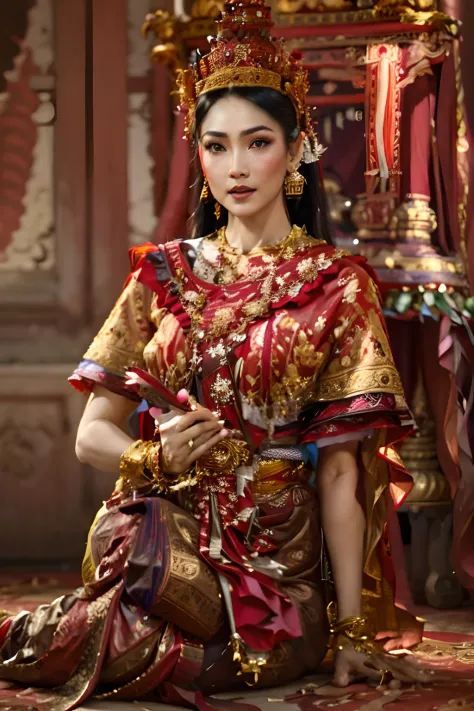 a woman in a red dress and gold crown sitting on a floor, sukhothai costume, traditional beauty, wearing ornate clothing, wearin...