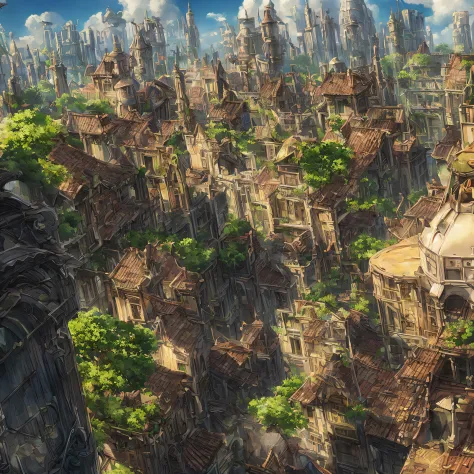 Super Detail, high details, High quality, 8K, Miyazaki style, A steampunk-inspired city in the sky, Cloud and diverse architectu...