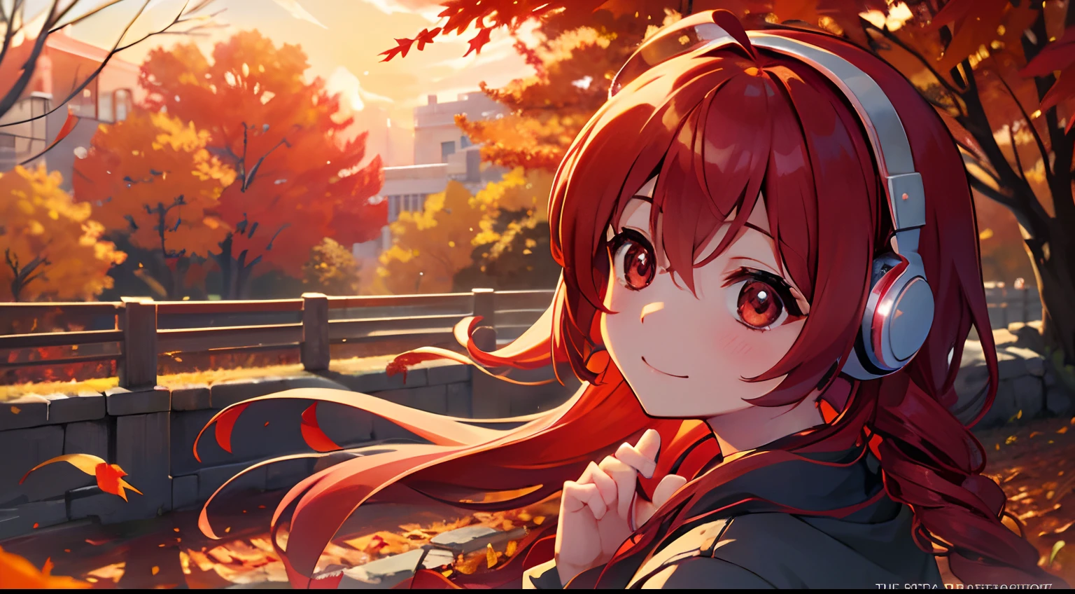 ​masterpiece、top-quality、Movie stills、1girl in、Landscape of autumn leaves、Red Twin Drill Hair、headphones、with light glowing、Happiness、Warm and soft lighting、Sunset of autumn leaves、(Spark:0.7)、kawaii、Idle Pose、Tet、KasaneTeto、red hairs、Smile in public、