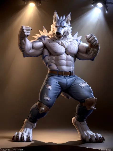 weregarurumon, 4k, high resolution, best quality, posted on e621, solo, anthro body, male, mane, adult, very masculine, (very muscular, very defined muscles, strong pectorals, large pecs, muscular arms, muscular legs, heavyweight:1.3), correct anatomy, (bl...