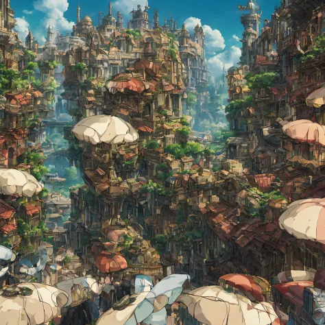 Super Detail, high details, High quality, 8K, Miyazaki style, A steampunk-inspired city in the sky, Cloud and diverse architectures, Exude mystery and technology - V 6 --auto